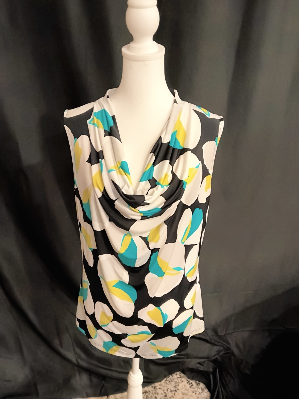 Worthington Black, White, Teal & Yellow Cowl Neck Sleeveless Top